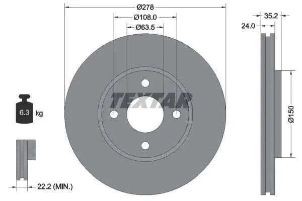 Textar Front Brake Disc Vented 92131300 278mm - image 3