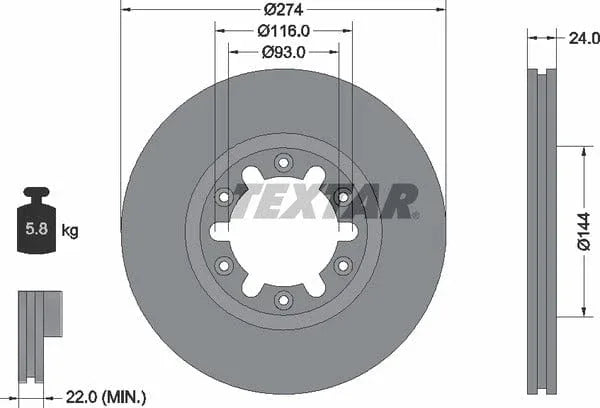 Textar Front Brake Disc Vented 92136300 274mm - image 4