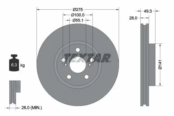 Textar Front Coated Brake Disc Pro Vented 92142003 275mm - image 3