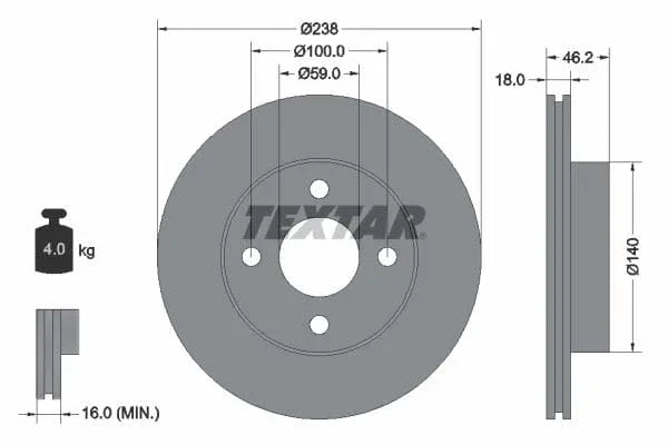 Textar Front Brake Disc Vented 92144300 238mm - image 3