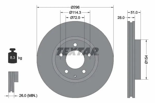 Textar Front Brake Disc Vented 92148100 296mm - image 3