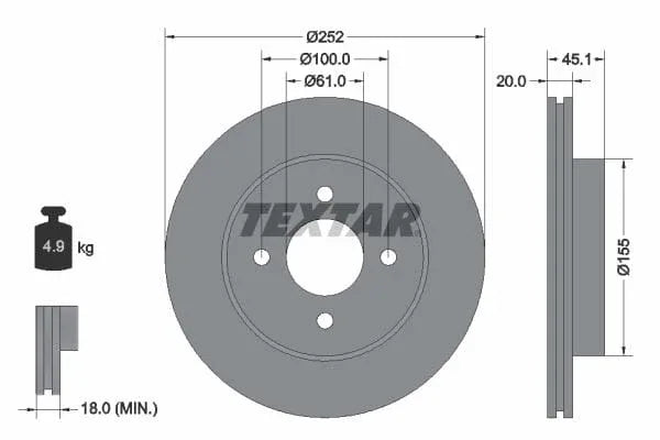 Textar Front Brake Disc Vented 92148800 252mm - image 3