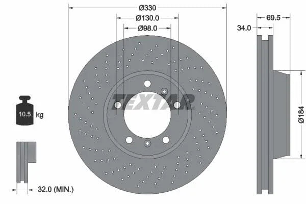 Textar Front Coated High-Carbon Brake Disc Pro+ Perforated Vented 92149905 330mm - image 3