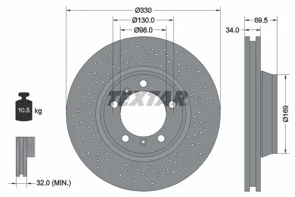 Textar Front Coated High-Carbon Brake Disc Pro+ Perforated Vented 92150005 330mm - image 3