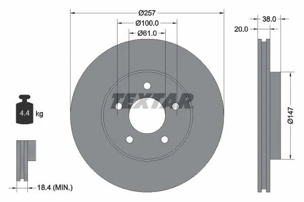 Textar Front Coated Brake Disc Pro Vented 92152403 257mm - image 3