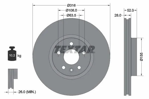Textar Front Coated Brake Disc Pro Vented 92162303 316mm - image 3