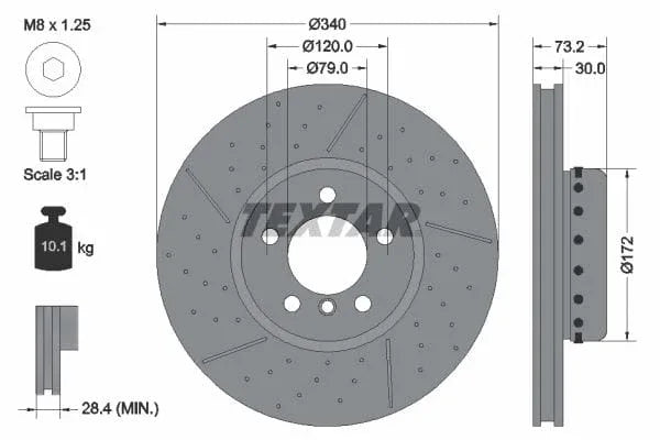 Textar Front Coated High-Carbon Brake Disc Pro+ Drilled Dimples Two-Piece Brake Disc Slotted Vented 92265025 340mm - image 3