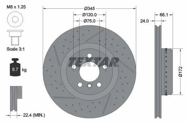 Textar Rear Brake Disc Pro+ Drilled Dimples Two-Piece Brake Disc Slotted Vented 92265225 345mm - image 3