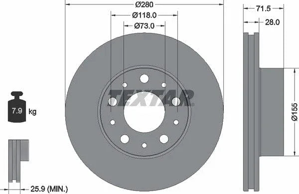 Textar Front Coated Brake Disc Pro Vented 92275003 280mm - image 4