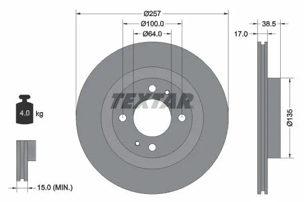 Textar Front Coated Brake Disc Pro Vented 92282503 257mm - image 3