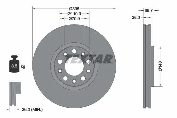 Textar Front Coated Brake Disc Pro Vented 92293903 305mm - image 3