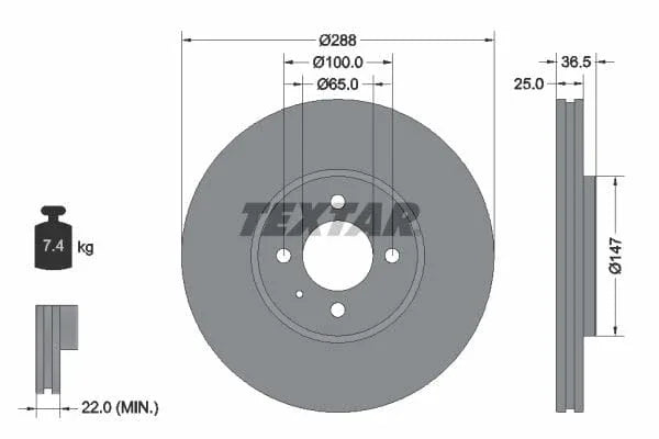Textar Front Coated Brake Disc Pro Vented 92302303 288mm - image 3