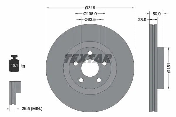Textar Front Coated Brake Disc Pro Vented 92317203 316mm - image 3
