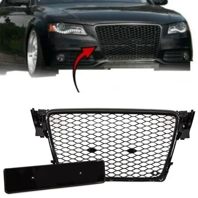 Fits Audi A4 S4 S-line 2008-2012 Front Main Grille Gloss Black Honeycomb RS4 Look Badgeless - tradevehicleparts.co.uk