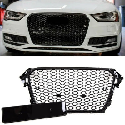 Fits Audi A4 S4 2012-2015 Front Main Grille Gloss Black Honeycomb RS4 Look Badgeless - tradevehicleparts.co.uk