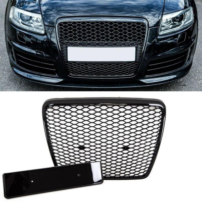 Fits Audi A6 C6 2004-2009 Front Main Grille Gloss Black Honeycomb RS6 Look Badgeless - tradevehicleparts.co.uk