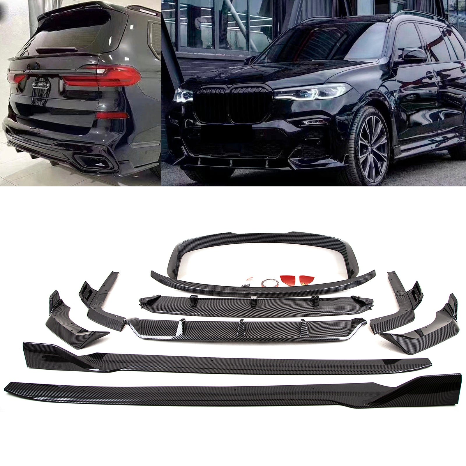 BM5305 BMW X7 G07 2019-2022 Aero Body Kit Front Splitter Rear Diffuser Side Skirts Boot & Roof Spoiler Black Knight Carbon Look