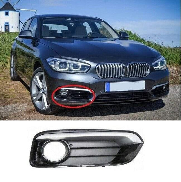 Fits BMW 1 Srs F20 2015- Front Bumper Fog Grille Black W/ Fog Lamp Hole & Chrome Moulding Closed Type Driver Side