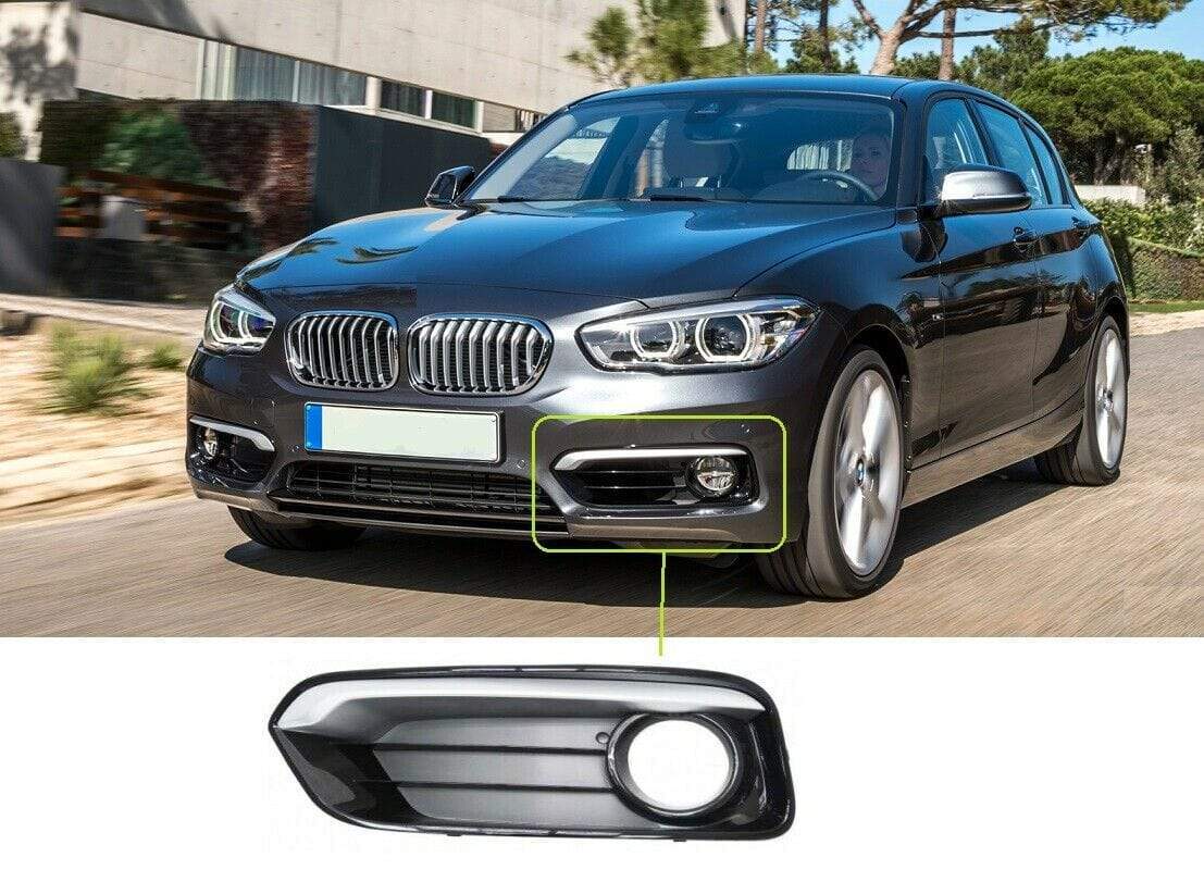 BMW 1 Srs F20 2015- Front Bumper Fog Grille Black W/ Fog Lamp Hole & Chrome Moulding Closed Type Passenger Side