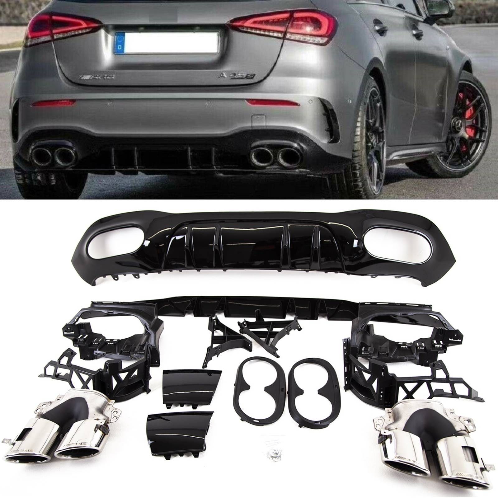 BZ5098 Mercedes A Class W177 AMG A45 Look Rear Diffuser & Exhaust Tailpipes Gloss Black