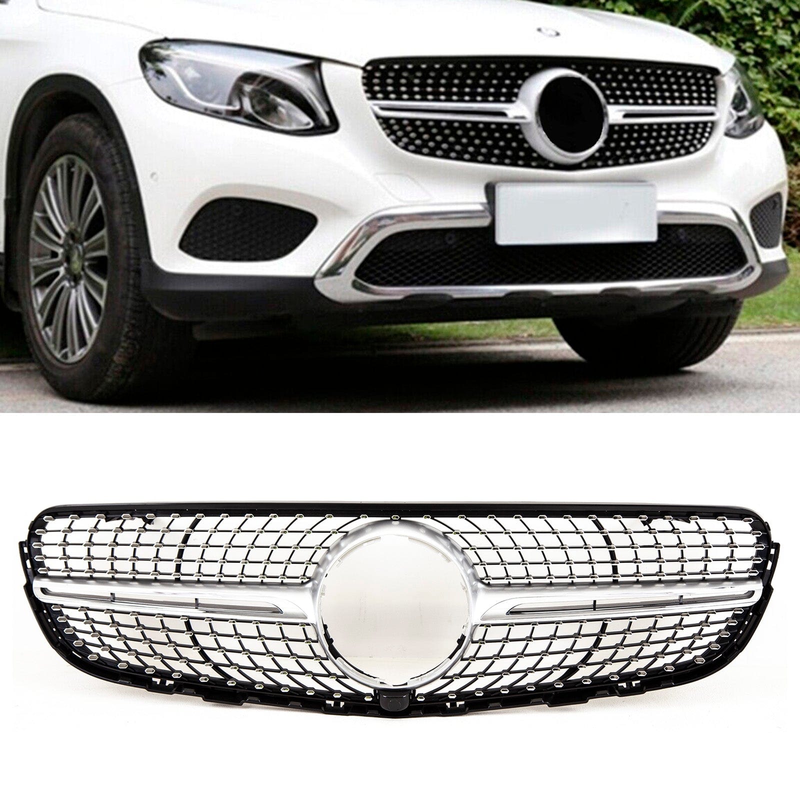BZ5136 Mercedes GLC Class X253 C253 2015-2019 Front Bumper Grille W/ Chrome Trim & Pins GLC 43 Diamond Style Gloss Black