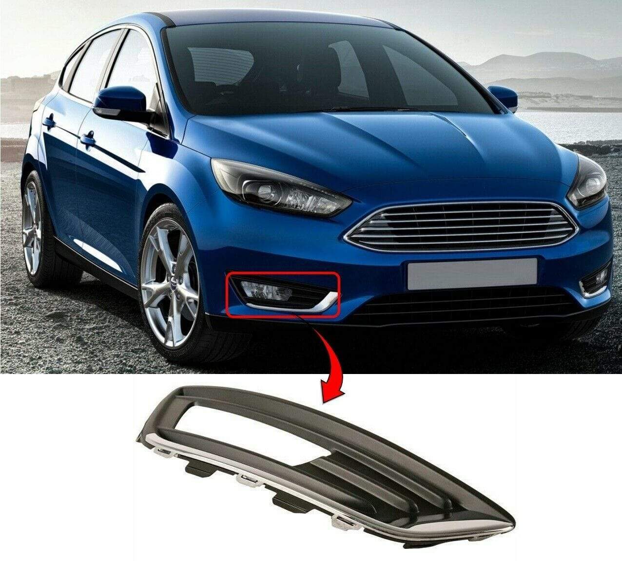 Ford Focus 2014- Front Bumper Fog Grille With Chrome Moulding Driver Side 