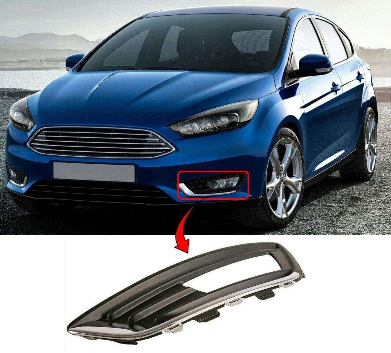 Ford Focus 2014- Front Bumper Fog Grille With Chrome Moulding Passenger Side