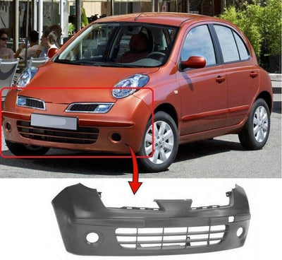 Fits Nissan Micra 2006-2010 Front Bumper Black With Fog Holes No Pdc Or Washer Holes Standard Models - tradevehicleparts.co.uk