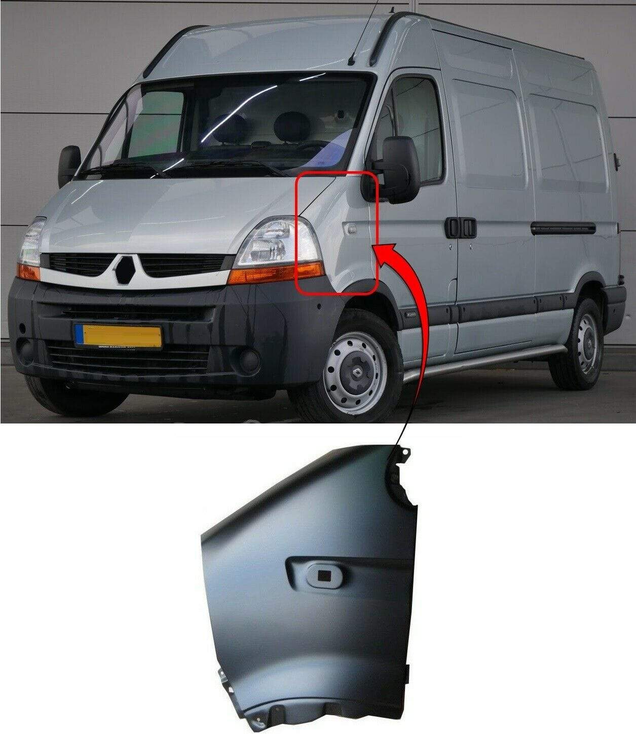 OP5076B Renault Master 2003-2010 Front Wing With Side Lamp Hole Primed Passenger Side