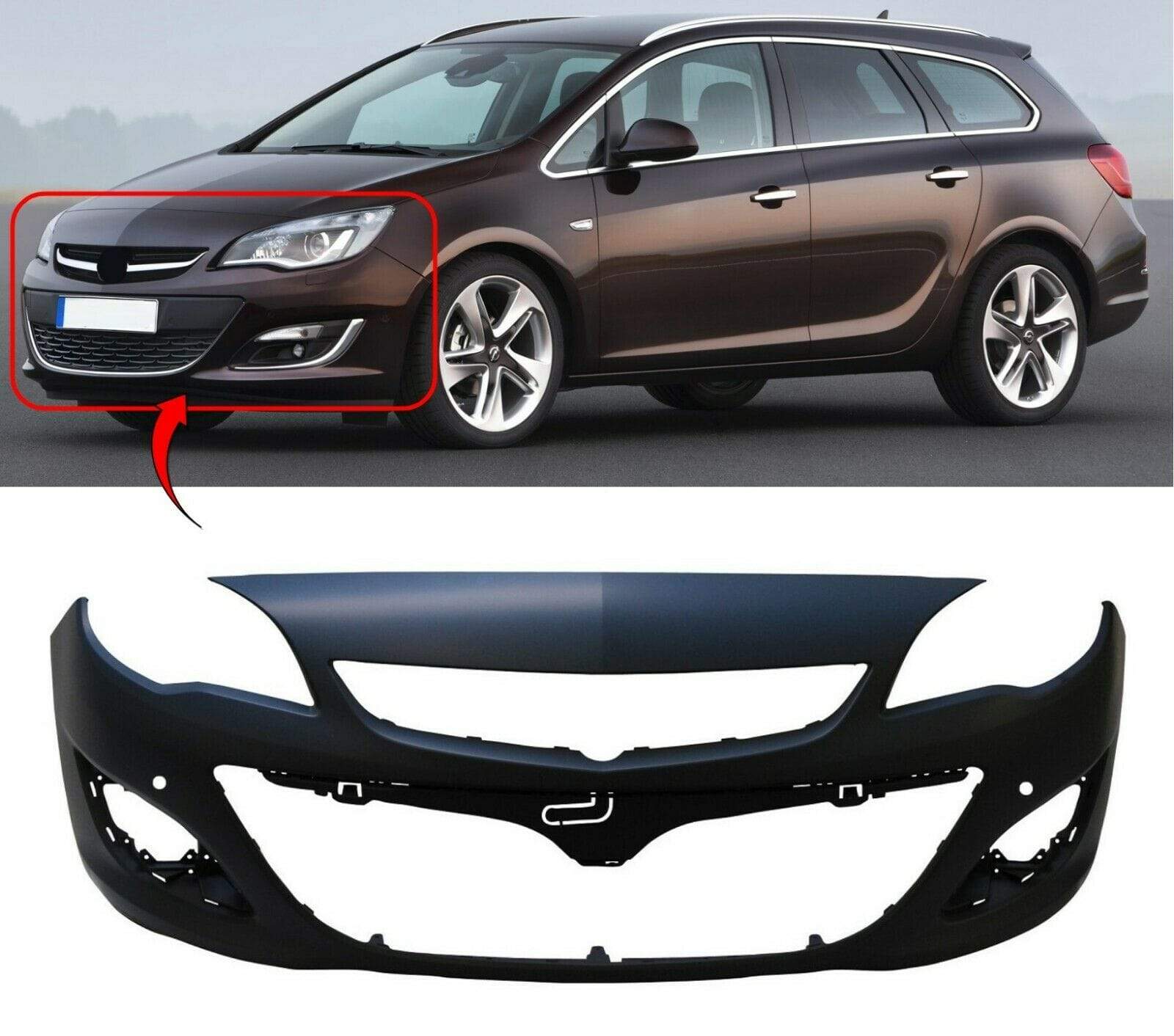 OP5087B Vauxhall Astra J 5Dr Estate 2012-2015 Front Bumper Primed With Pdc Sensor Holes