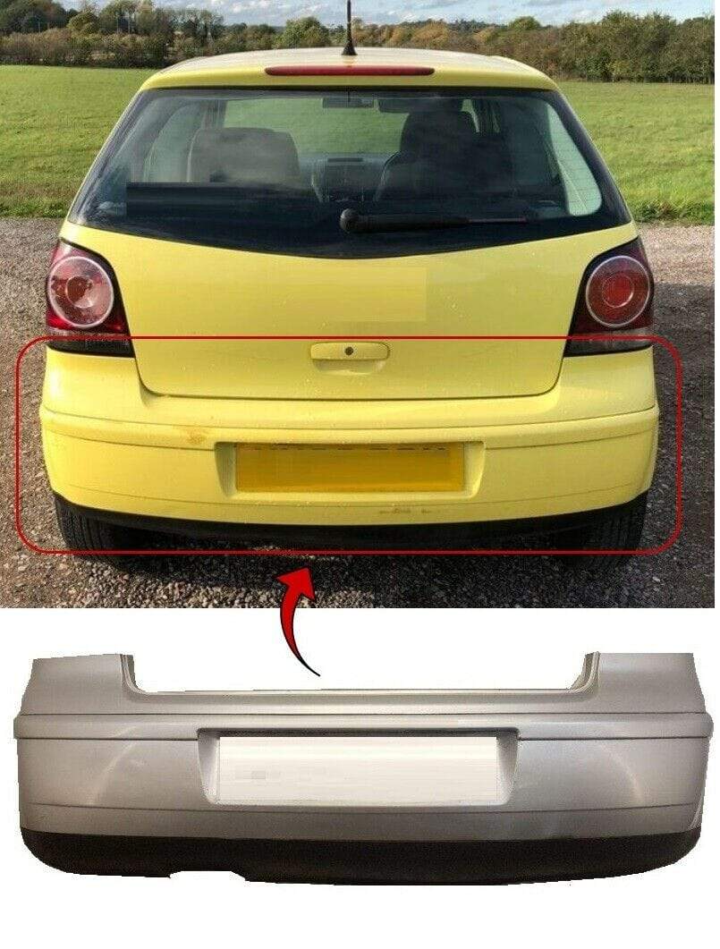 VK5225 VW Polo 2002-2005 Rear Bumper Primed Complete With Moulding & Textured Black Spoiler
