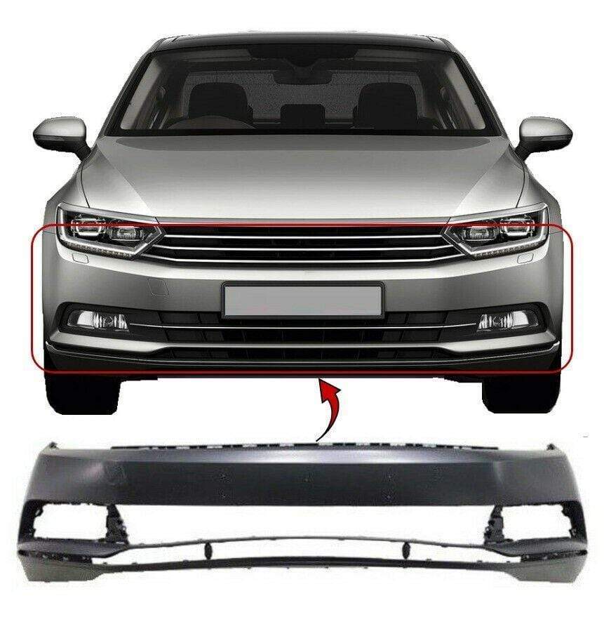 VW Passat 2015- Front Bumper Primed Without Sensor & Washer Holes No Chrome Trim