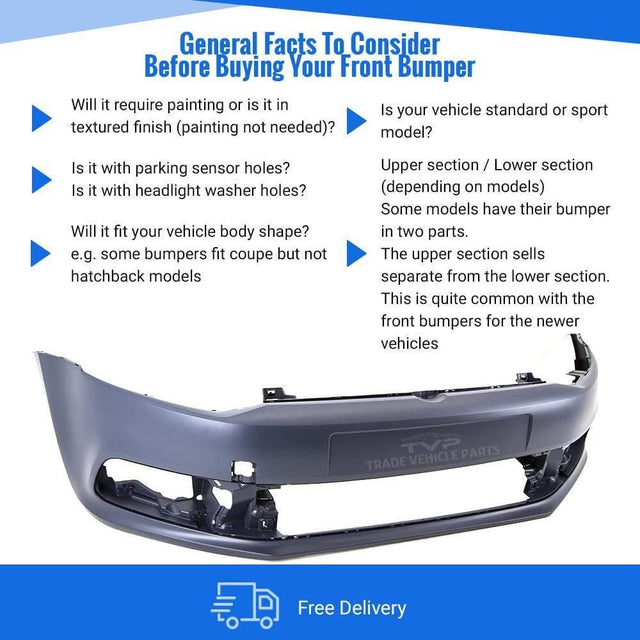 Fits VW Polo 2014-2017 Front Bumper Primed No Pdc Or Washer Hole - image 4
