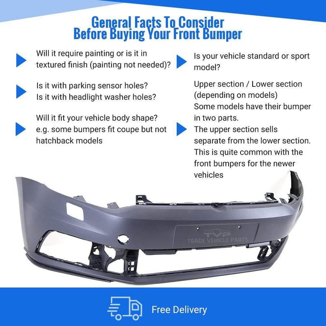 Fits VW Polo Gti 2014-2017 Front Bumper Primed With Washer Jet Holes - image 2